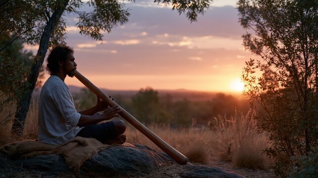 Indigenous Australian man plays didgeridoo during golden sunset in arid landscape with soft focus background