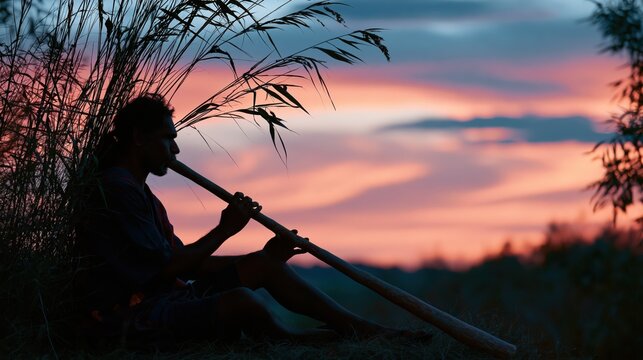 Indigenous man playing a didgeridoo at sunset with vibrant sky and silhouetted vegetation