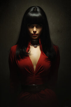 people of ai, vampire lady  in red and black costume, portrait, soft background, plunging neckline beneath overhead light, photorealistic