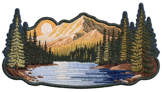 Vintage outdoor embroidered patch, camping theme, cozy canvas tent surrounded by pine trees, small campfire in front, mountains in the distance, thick detailed stitched embroidery, woven fabric textur