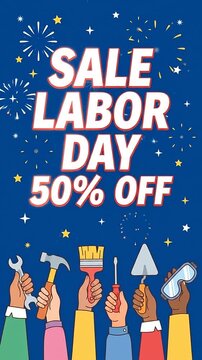 Labor day sale promotion animation with construction tools and festive stars