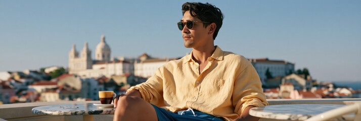 Naklejka premium Man relaxing on a sunny terrace overlooking a coastal city skyline for travel lifestyle background and vacation mood
