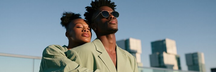 Naklejka premium Stylish confident couple on rooftop in mint blazers with sunglasses for urban lifestyle and fashion lookbook