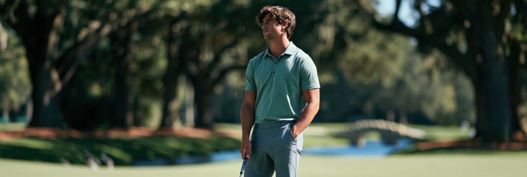 Golfer standing on sunlit fairway with club wearing mint polo for golf background and active lifestyle