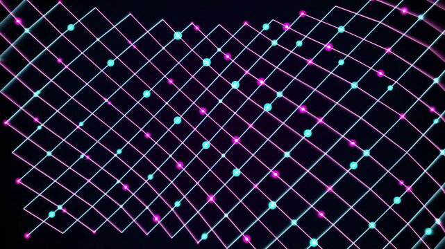 Futuristic Sci-Fi Neon Pink and Cyan Glowing Diagonal Grid Network Animation Loop with Intersecting Tech Lines and Nodes for Digital Backgrounds