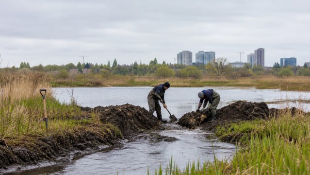 Restoration workers remove a temporary earth plug to reconnect a shallow wetland channel to its floodplain