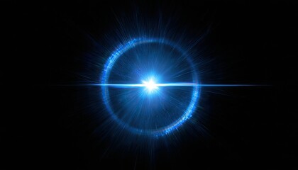Naklejka premium A brilliant blue circular light flare radiates against a deep black background