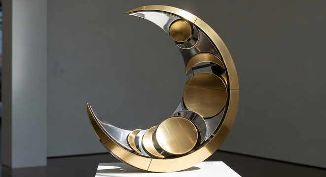 A stunning crescent moon shaped sculpture crafted from gleaming gold and polished steel sits proudly inside a spacious art gallery exhibition hall showcasing contemporary metalworks