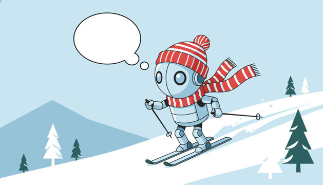 Friendly cartoon robot wearing a striped hat and scarf skiing down a snowy mountain slope with a thinking bubble.