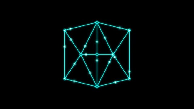 Glowing cyan geometric wireframe structure and interconnected nodes animation on a dark background - 4K video
