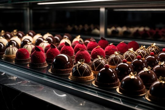 Luxury chocolates and fancy pastries sit in a glass display case. Gourmet desserts offer fine craftsmanship for special celebrations or indulgence at a shop.