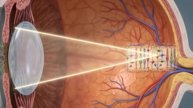 3D human eye anatomical cross-section showing light refraction through the lens and retina.