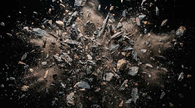 Intense explosion of grey rock fragments and dust particles isolated on a solid black background