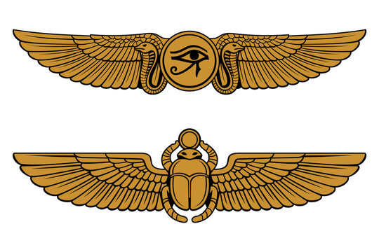 Ancient Egyptian symbols of winged sun and winged scarab. Color vector cliparts