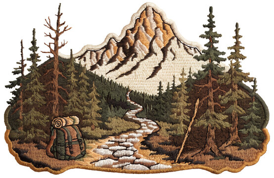 Vintage embroidered mountain climbing patch, dramatic rocky alpine peak with a tiny climber ascending a steep mountain face using climbing rope, detailed stitched embroidery, layered thread texture