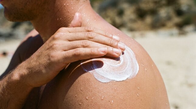 Man applying white sunscreen cream on his tanned shoulder at the beach, sunny summer day, skin