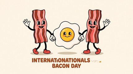 Fototapeta premium Cartoon bacon strips holding a smiling egg for international bacon day