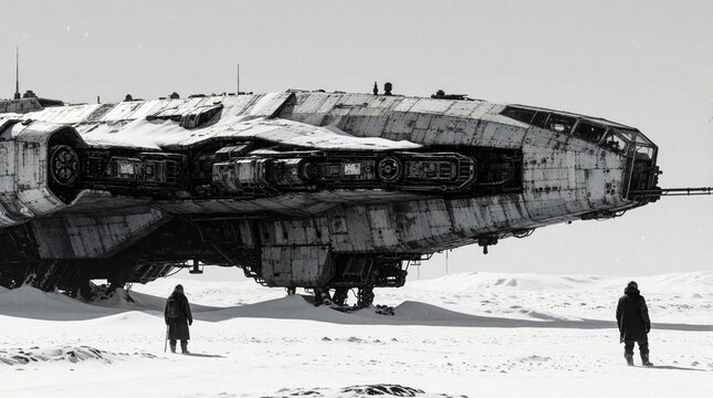 Huge crashed spacecraft rests in snowy arctic landscape. Two explorers walk near massive derelict spaceship parts in frozen wasteland. Sci fi concept art shows abandoned metal vessel under white sky.