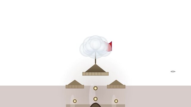 Minimalist animation of an oriental pagoda with a white cloud and red flag on top, clean and modern vector art style.