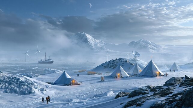 Arctic research outpost with tents and a ship under a moonlit sky with mountains and wind turbines