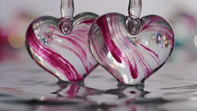 Two Delicate Glass Hearts with Pink and White Marble Pattern Resting on a Reflective Water Surface