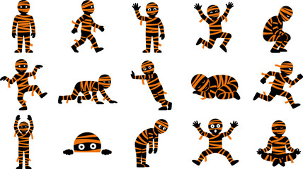 Naklejka premium Collection of cartoon mummy characters in various playful and dynamic poses with striped bandages