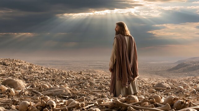 Prophet Ezekiel standing in the valley of dry bones as he witnesses a vision of restoration.