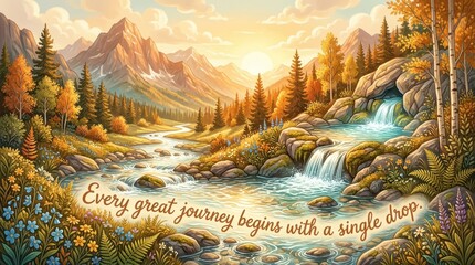 Fototapeta premium Breathtaking Autumn Mountain Landscape with a Cascading Stream and Inspirational Quote, Serene Nature Scene