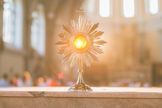 Metal monstrance with glowing sacrament on a weathered stone altar, featuring chased bronze rays and warm light for religious and parish publishing