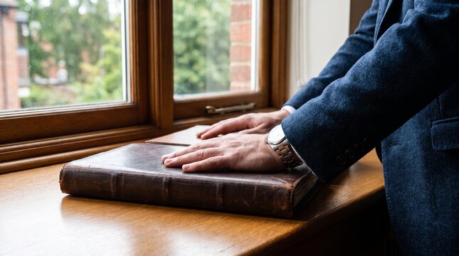 Person in a blue suit jacket resting hands on a large vintage leather book on a wooden desk