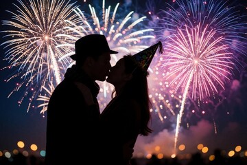 Naklejka premium Couple kisses at midnight under colorful fireworks display wearing festive hats. A romantic New Year celebration with bright lights and happy crowds enjoying the festive atmosphere and new beginnings.