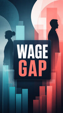 Modern editorial illustration of a wage gap concept, showing male and female silhouettes divided by contrasting blue and coral financial bars.