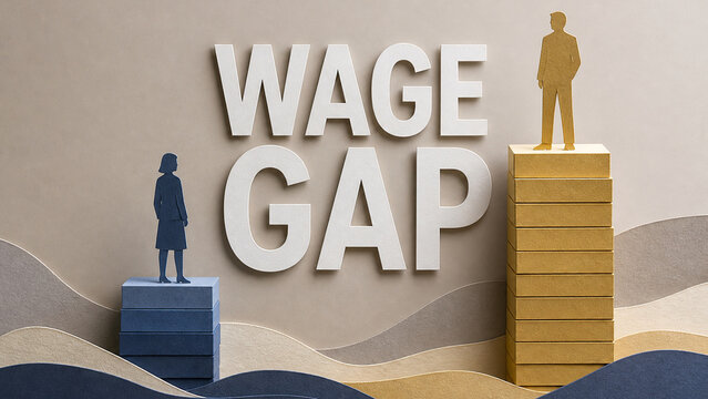 Paper-cut style illustration of the gender wage gap, showing female and male figures standing on unequal stacked platforms.