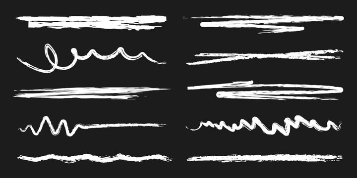 Set of chalk lines and scribbles with realistic wax crayon texture. Hand-drawn chalk brush strokes with rough grunge texture. Chalk brush strokes, lines for highlighting and underlining text. Vector