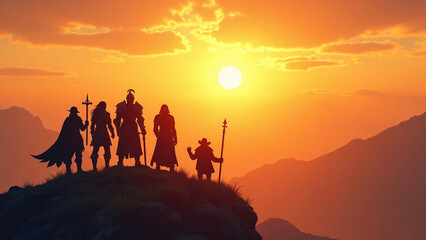 Fototapeta premium Fantasy Adventurers Celebrate Victory at Golden Sunrise