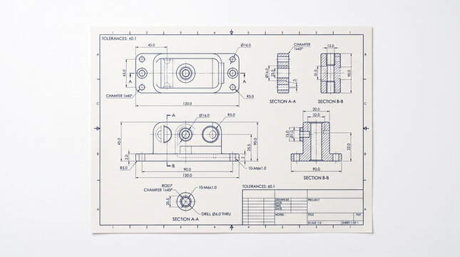 Technical blueprint showing a detailed mechanical engineering design with dimensions on a white paper background with technical engineering drawing displays mechanical part various views