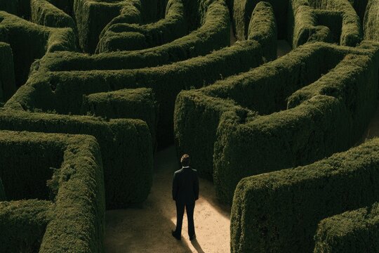 A lone figure stands at the entrance of a dense, shadowy hedge maze