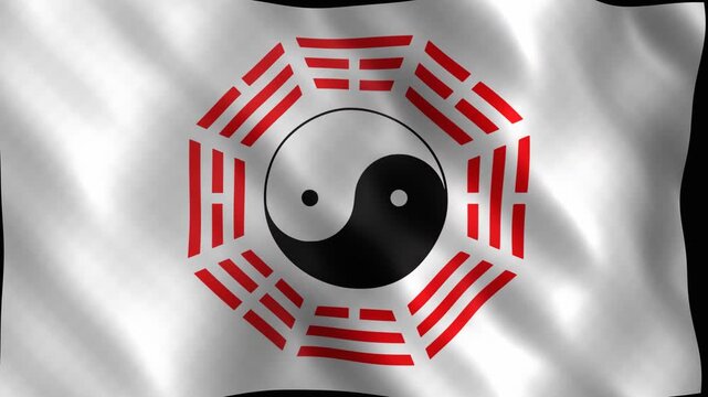 Waving white flag featuring yin yang and bagua symbols. 4K Video