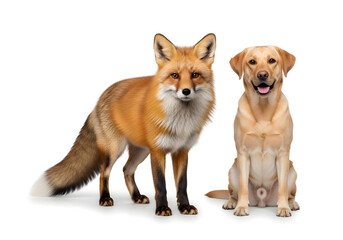 Obraz premium Red fox and golden retriever sitting side by side on white background for wildlife and pet comparison
