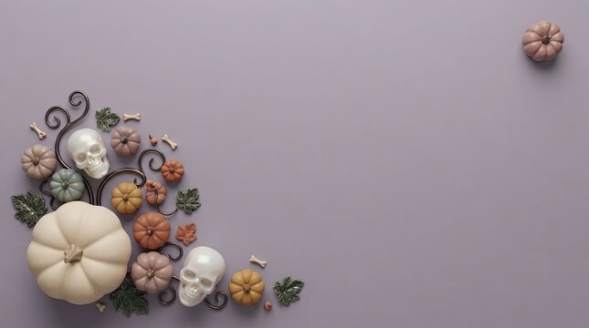 A charming halloween still life featuring pumpkins gourds and a whimsical black cat head mounted on a soft lavender wall evoking autumn's