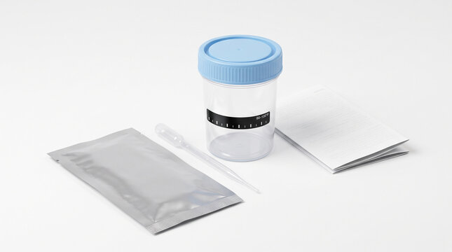 Medical specimen collection container with a plastic pipette and a foil pouch on white background with medical collection cup temperature strip sits beside plastic dropper foil packet