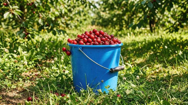 Freshly picked cherries in a blue bucket , Harvest picking season, Fresh healthy fruits.
