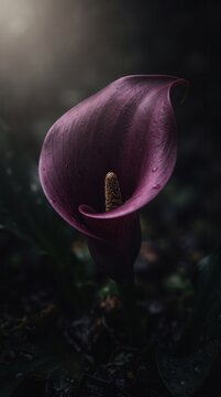 Single purple calla lily flower in moody lighting