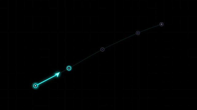 Futuristic Neon Cyan Rising Growth Arrow Animation with Glowing Milestone Nodes and Financial Trend Line Motion Graphic Overlay 4k video