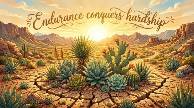 Desert landscape at sunset with drought-cracked earth and hardy succulents, inspiring message of endurance