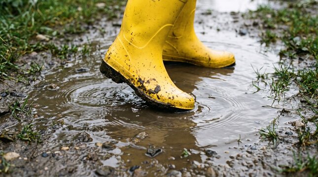 Person wearing bright yellow rubber rain boots walking through a muddy puddle on a grassy path