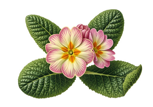 Vibrant pink and yellow primrose flowers with green leaves on white background
