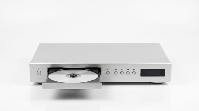Silver disc player with an open tray containing a compact disc on a white background with extended holding shiny modern silver player media entertainment electronic