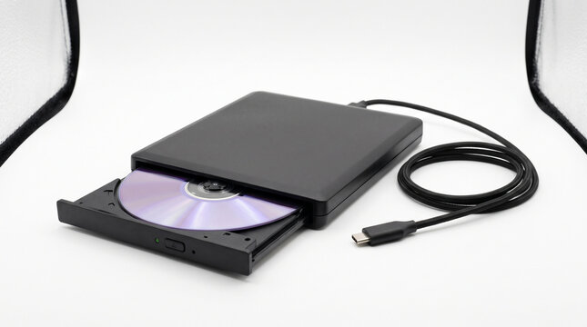 An external optical disc drive with an open tray with open cable attached sits white surface external black blu ray connectivity workstation technology peripheral