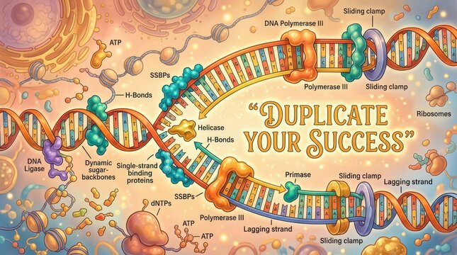 DNA replication process with scientific labels and inspirational text 'Duplicate Your Success'